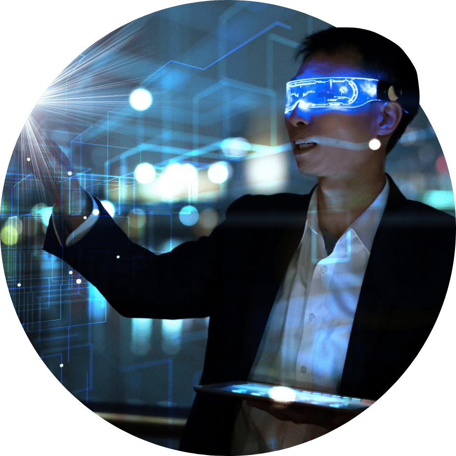 Man in suit wearing augmented reality glasses