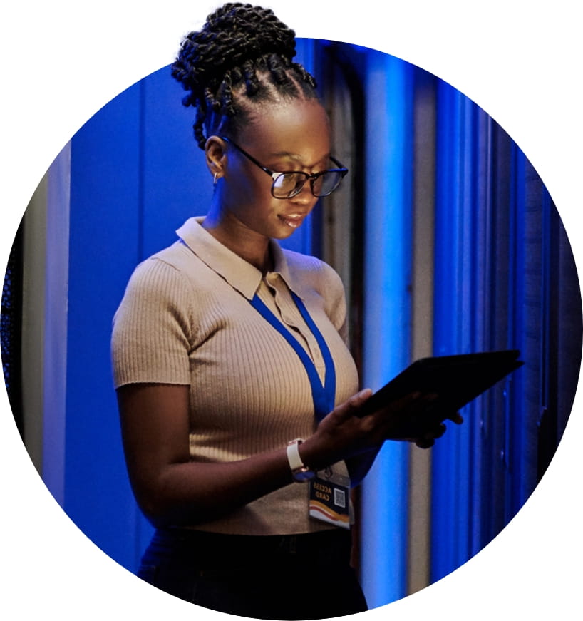 Woman examines tablet computer