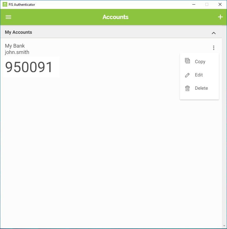 OTP Accounts Page Options Menu