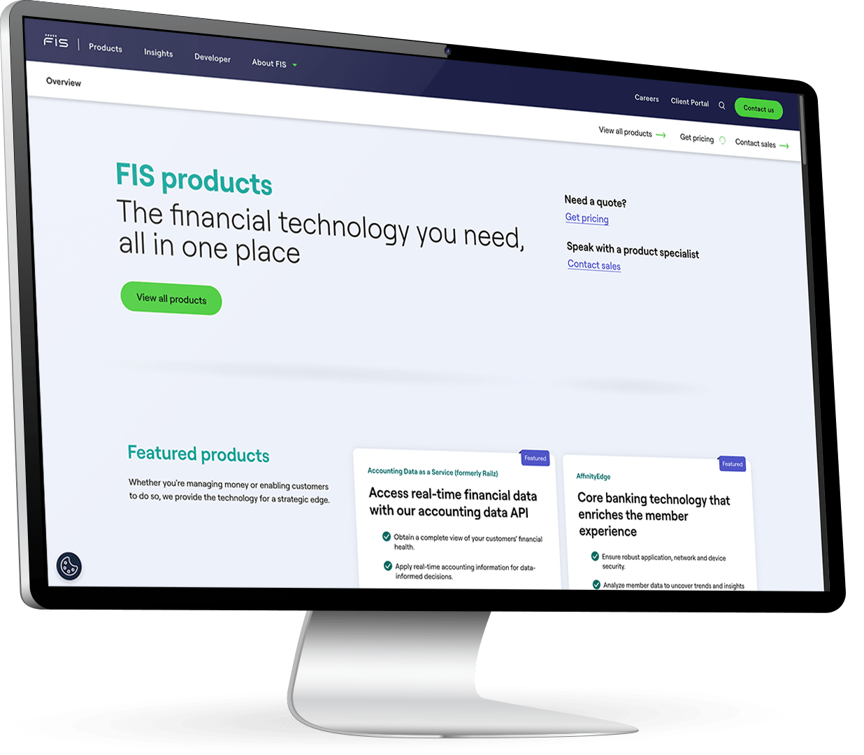 Computer screen displaying the FIS Products page on fisglobal.com